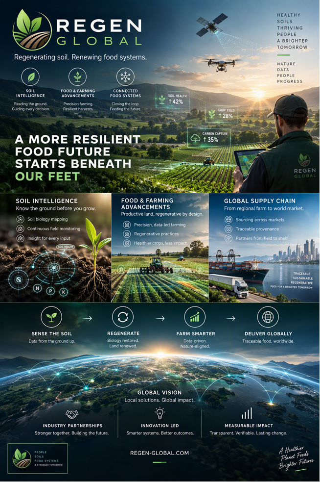 Regen Global: Regenerating soil, renewing food systems. Poster showing precision farming, soil intelligence, connected food systems, global supply chains and regenerative agriculture.